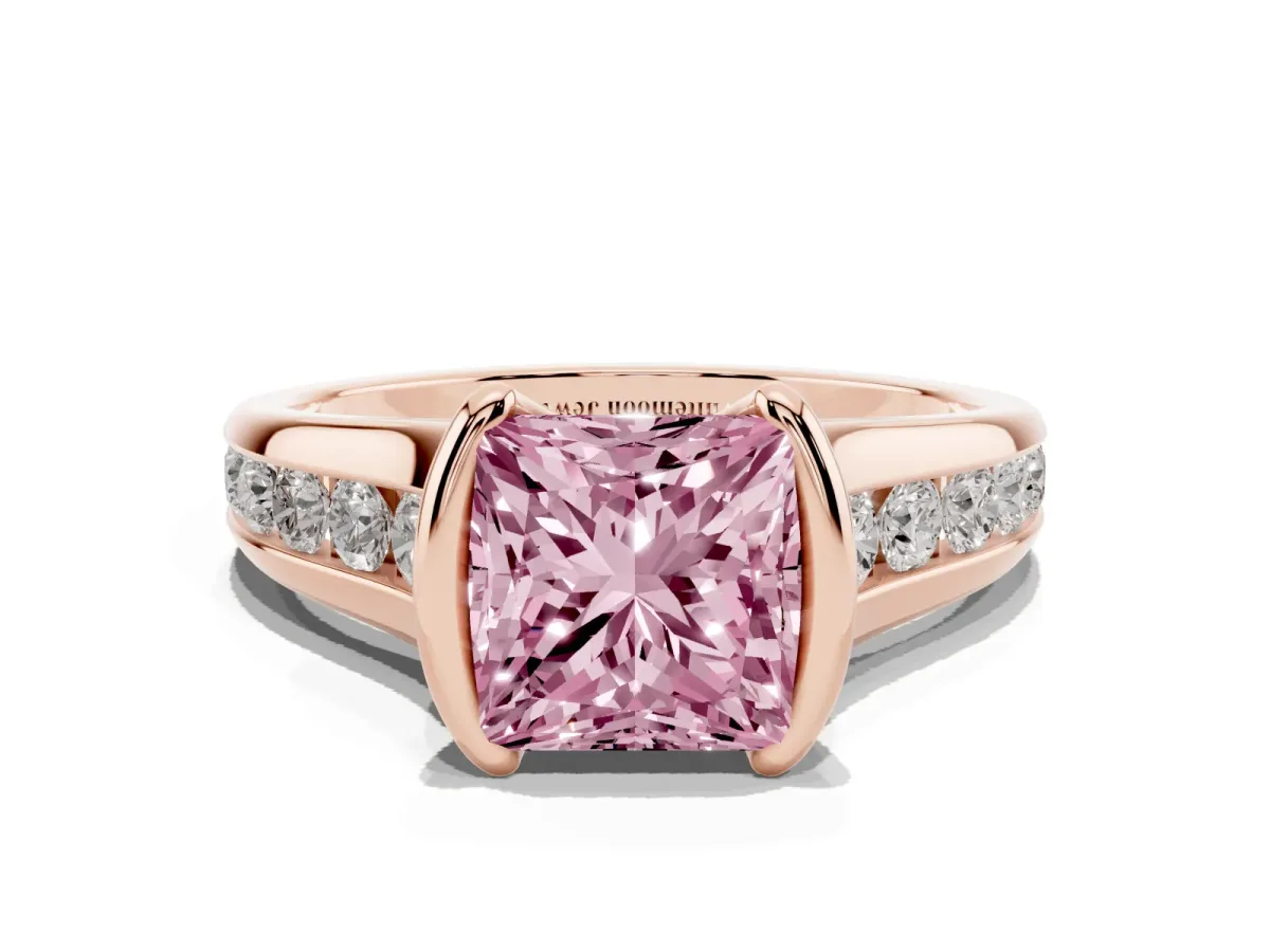 Fancy Pink Princess Cut Solitaire Bezel-Set Diamond Ring with Channel-Set Band Rose gold