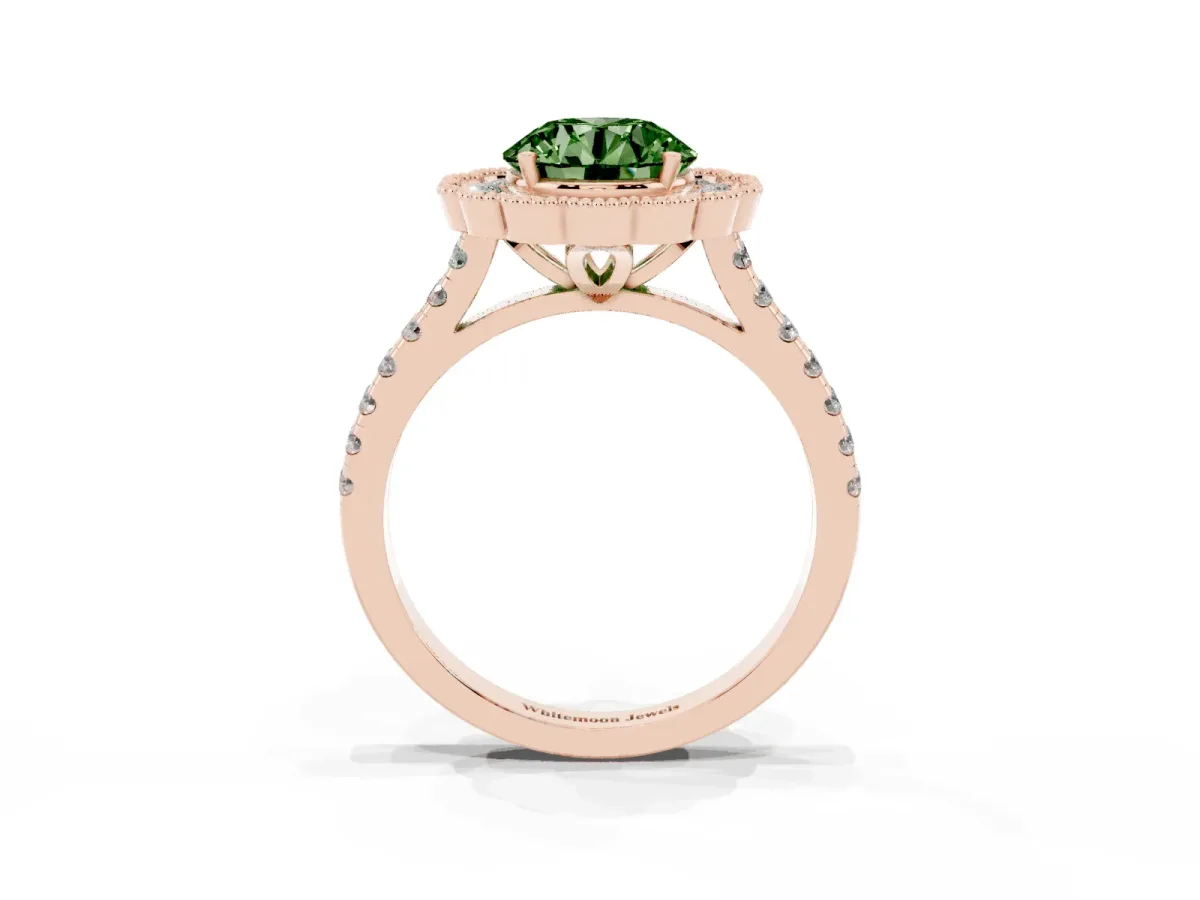Fancy Green Round Cut Cut Diamond Milgrain Floral Halo Engagement Ring with Pavé Band Rose gold