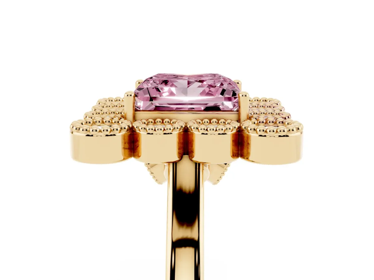 Fancy Pink Princess Cut Halo Diamond Cluster Engagement Ring with Milgrain Bezel Setting and Solitaire Band Yellow gold