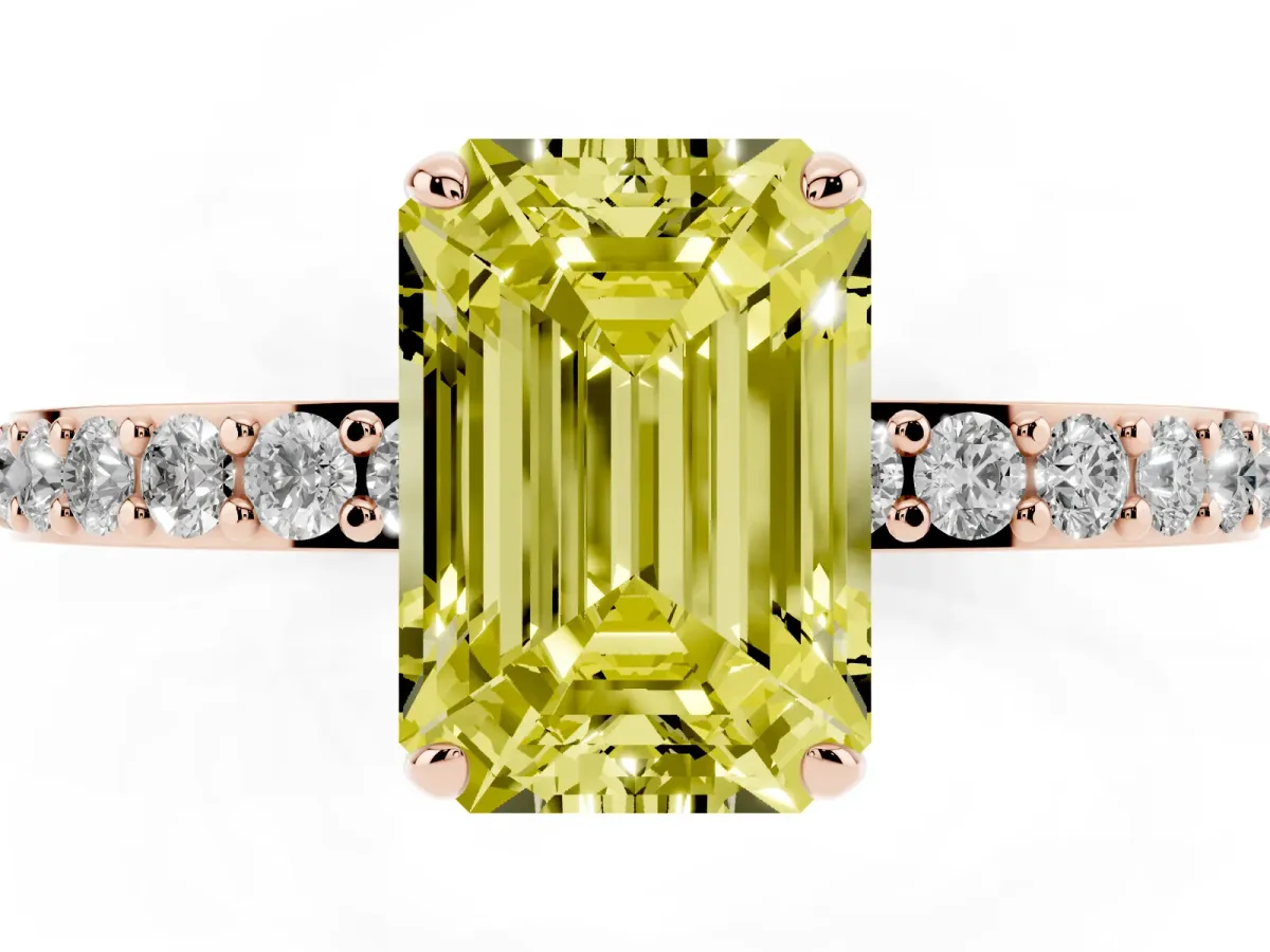 Fancy Yellow Emerald Cut Diamond Solitaire Engagement Ring with Pavé Band and Four-Prong Setting Rose gold