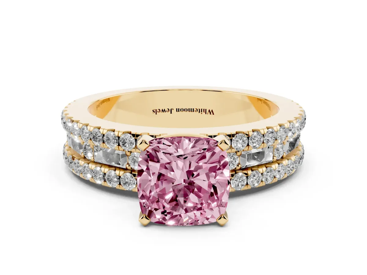 Fancy Pink Cushion Cut Diamond Solitaire Ring with Pavé and Channel Set Band Yellow gold