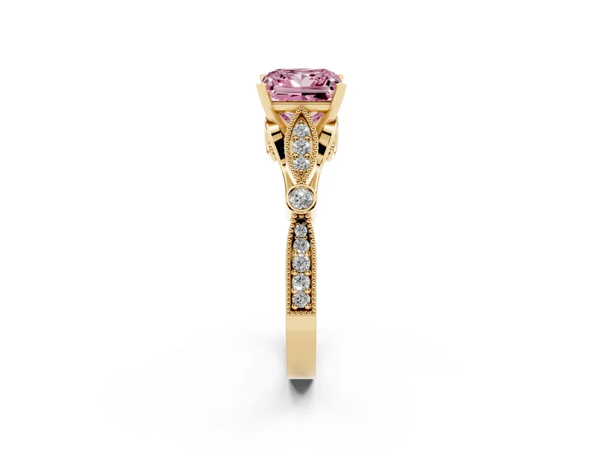 Fancy Pink Princess Cut Cut Diamond with Milgrain Marquise and Bezel Accents on a Solitaire Band with Prong Setting Yellow gold