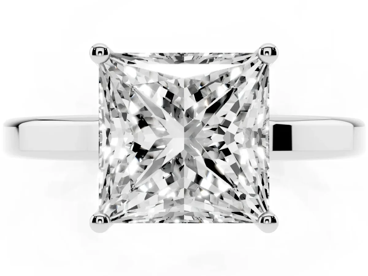 Princess Cut Cut Solitaire Engagement Ring with Four-Prong Setting on a Classic Band Silver