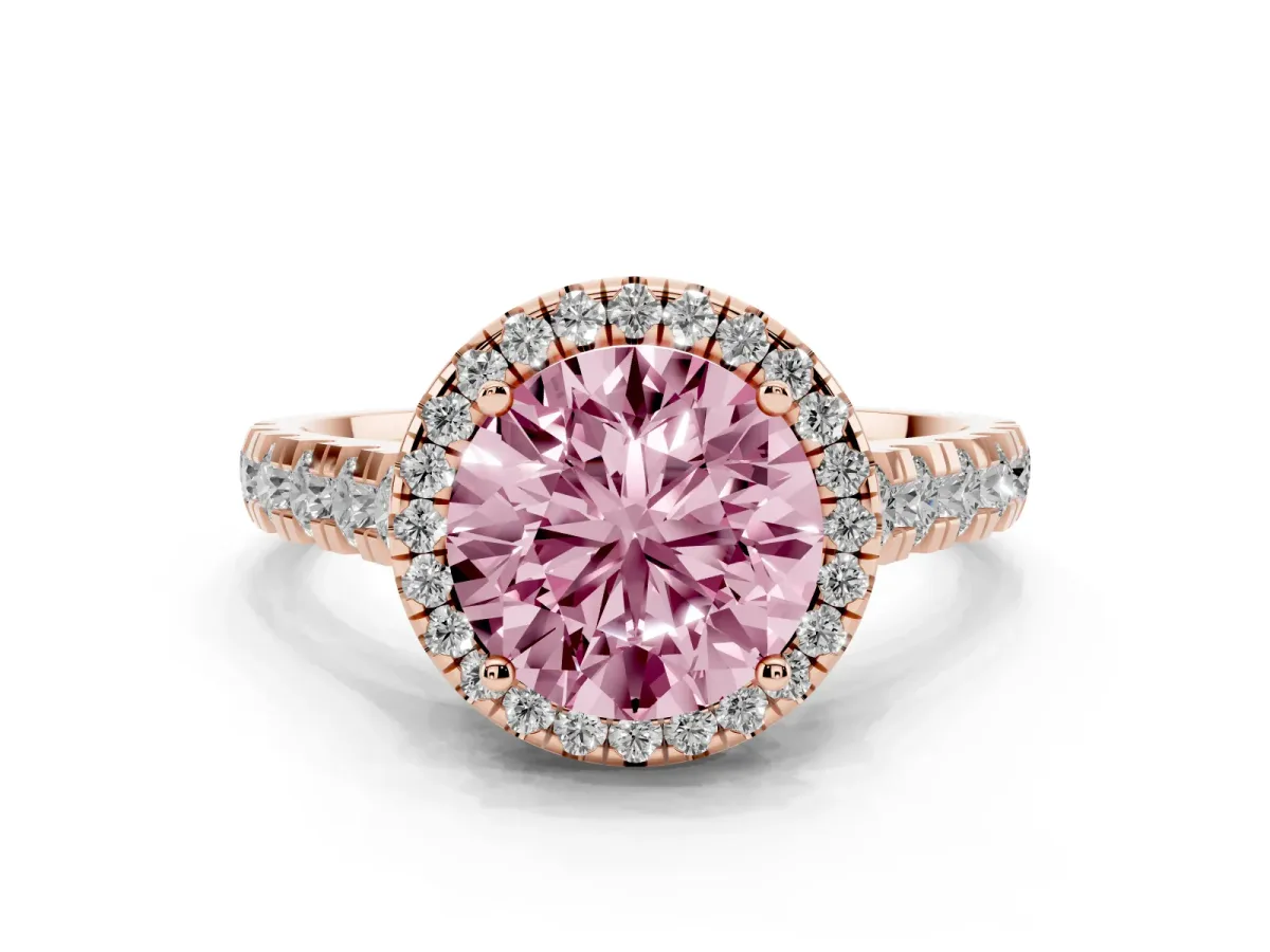 Fancy Pink Round Cut Halo Pavé Diamond Engagement Ring with Four-Prong Setting Rose gold