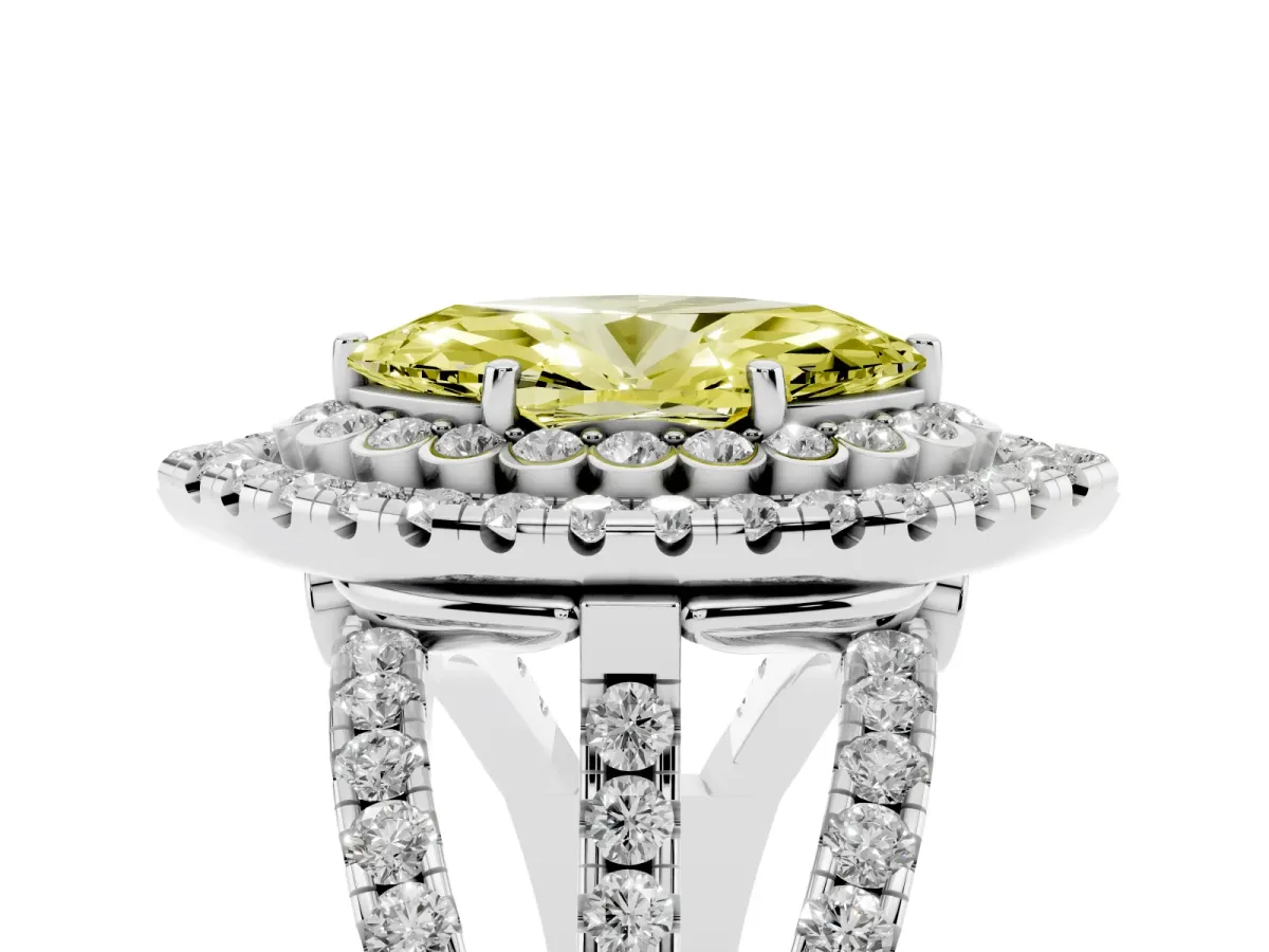 Fancy Yellow Marquise Cut Diamond Double Halo Ring with Round Pavé Split Shank and Prong Setting Silver
