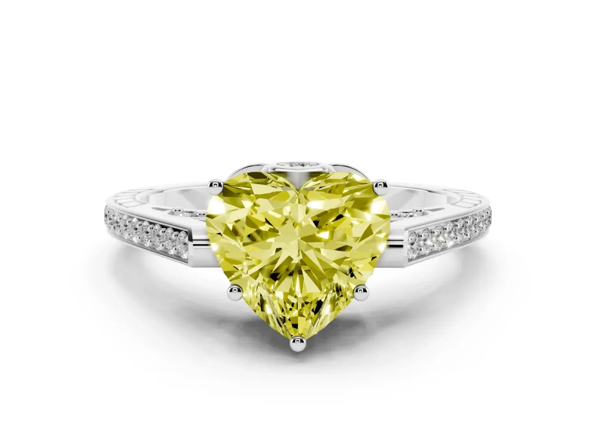 Fancy Yellow Heart Cut Cut Cathedral Pave Diamond Engagement Ring with Six-Prong Setting Silver
