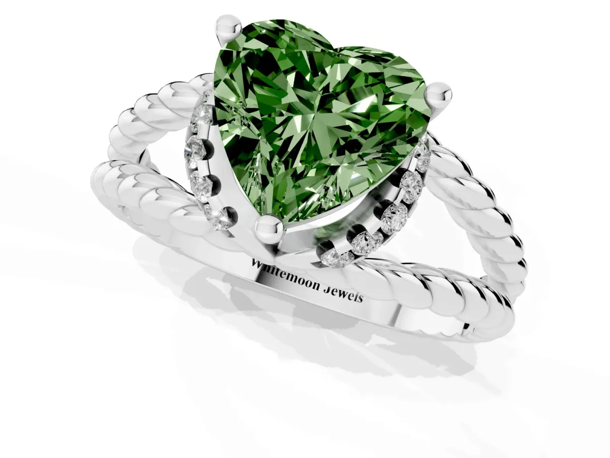 Fancy Green Heart Cut Halo Twisted Band Four-Prong Ring Silver