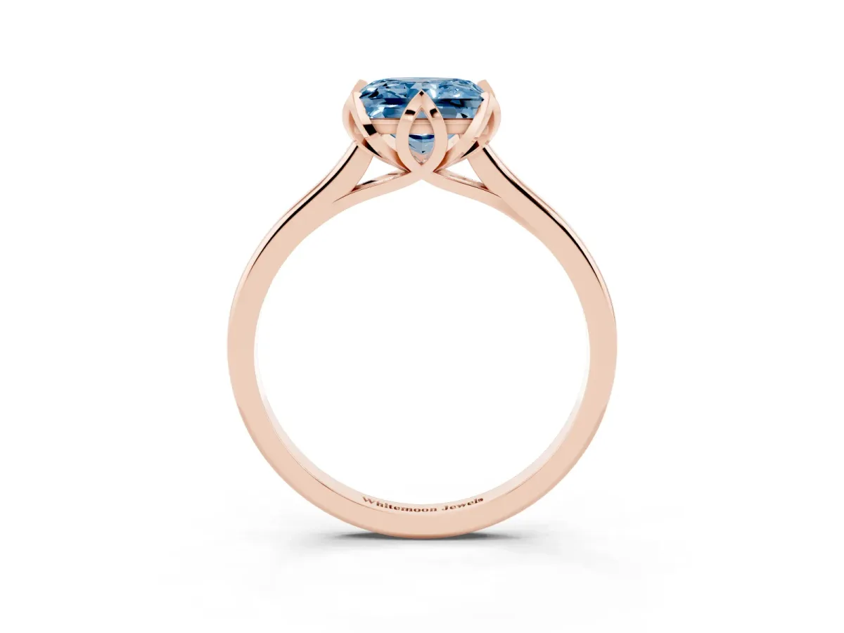Fancy Blue Princess Cut Diamond Solitaire Ring with Flower Prong Setting and Classic Band Rose gold