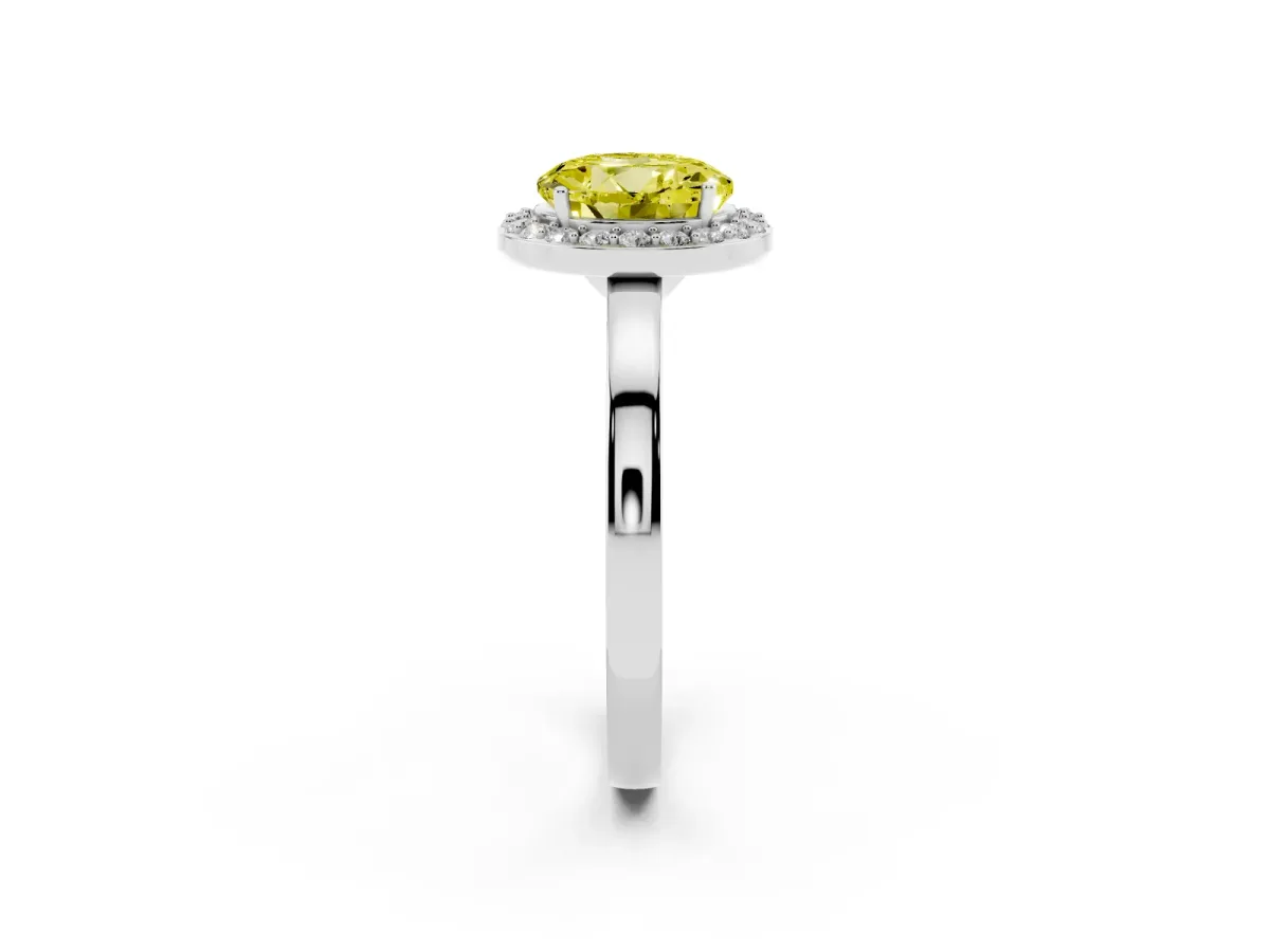 Fancy Yellow Round Cut Halo Diamond Ring with Solitaire Band and Prong Setting Silver