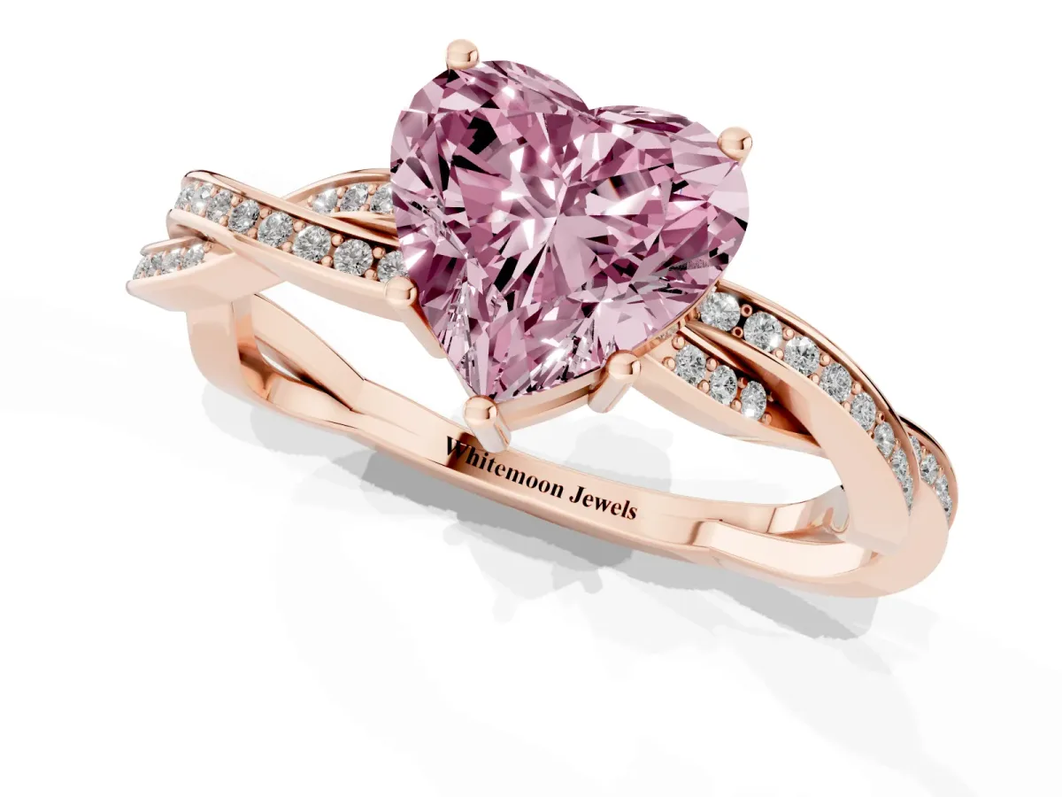 Fancy Pink Heart Cut Solitaire Twisted Pave Diamond Ring with Four-Prong Setting Rose gold