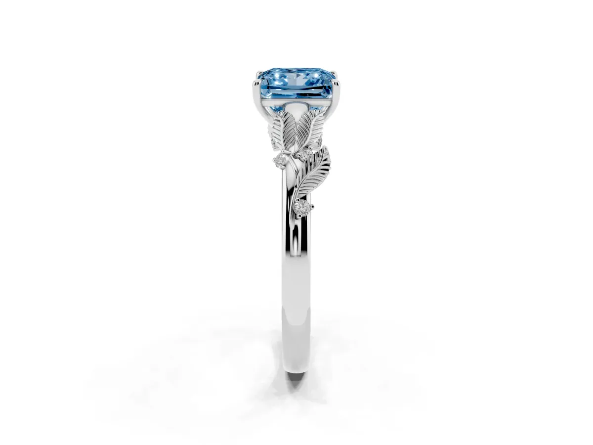 Fancy Blue Princess Cut Diamond Solitaire Ring with Leaf Motif Band and Four-Prong Setting Silver