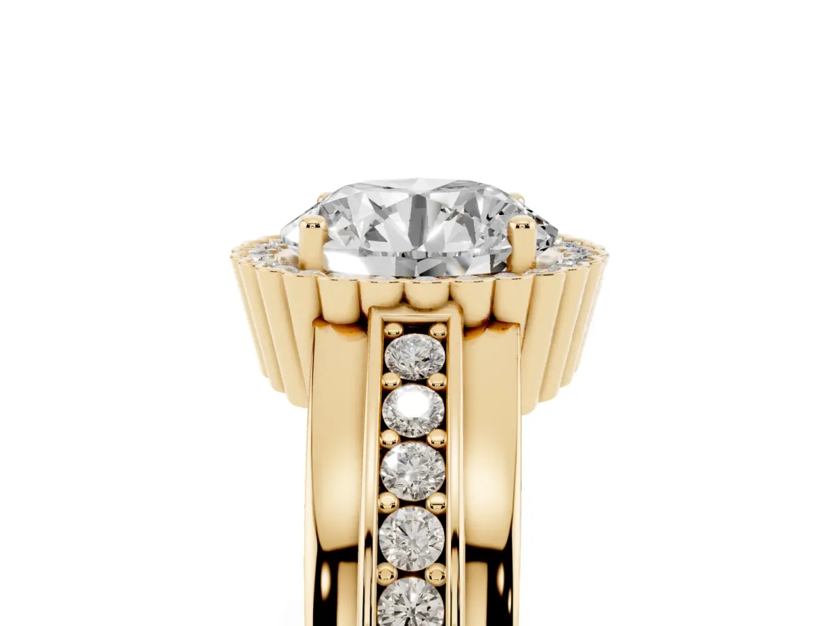Round Cut Cut Halo Pave Band Four-Prong Ring Yellow gold