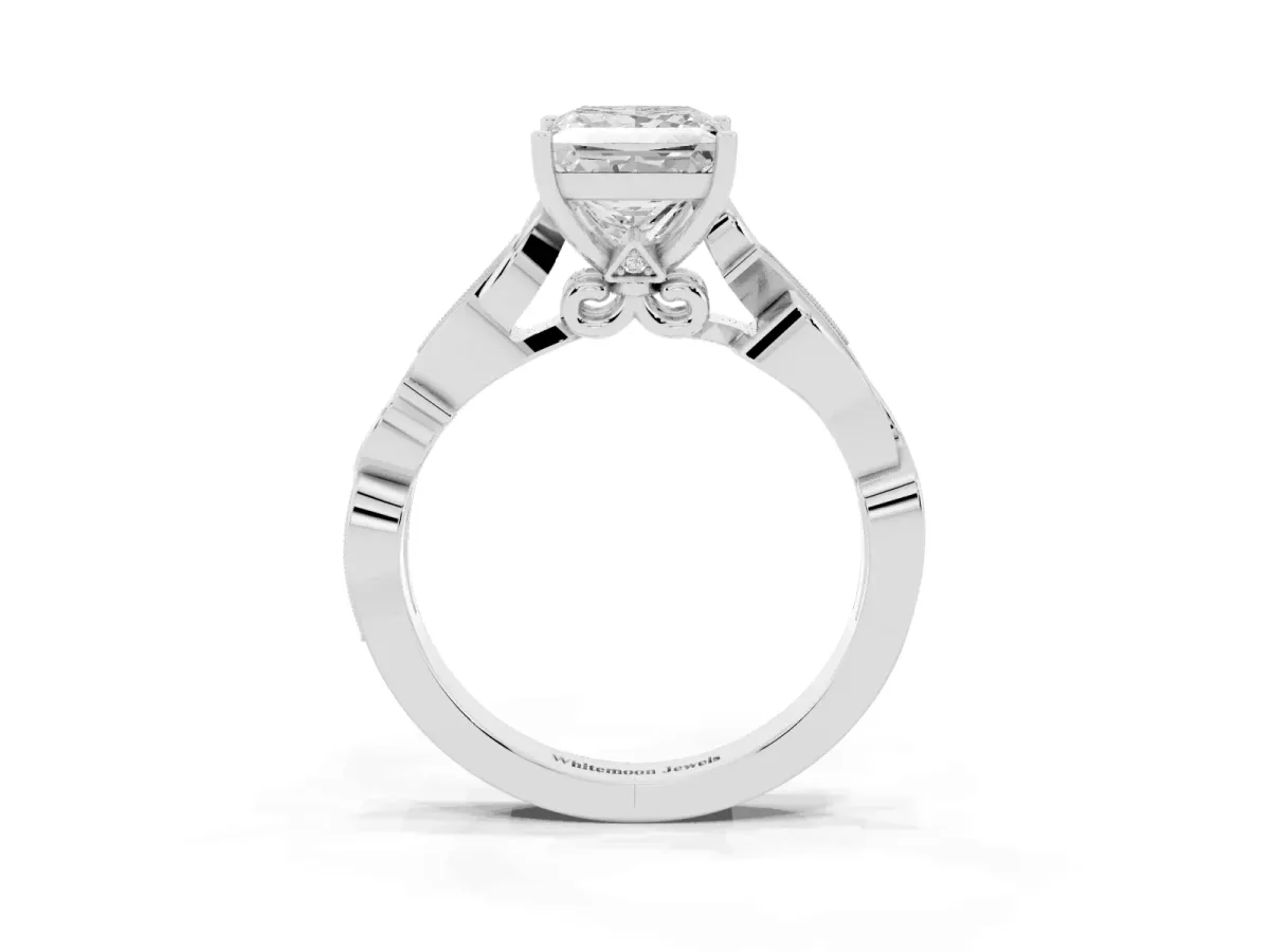 Princess Cut Solitaire Vine Band with Milgrain Prong Setting Platinum