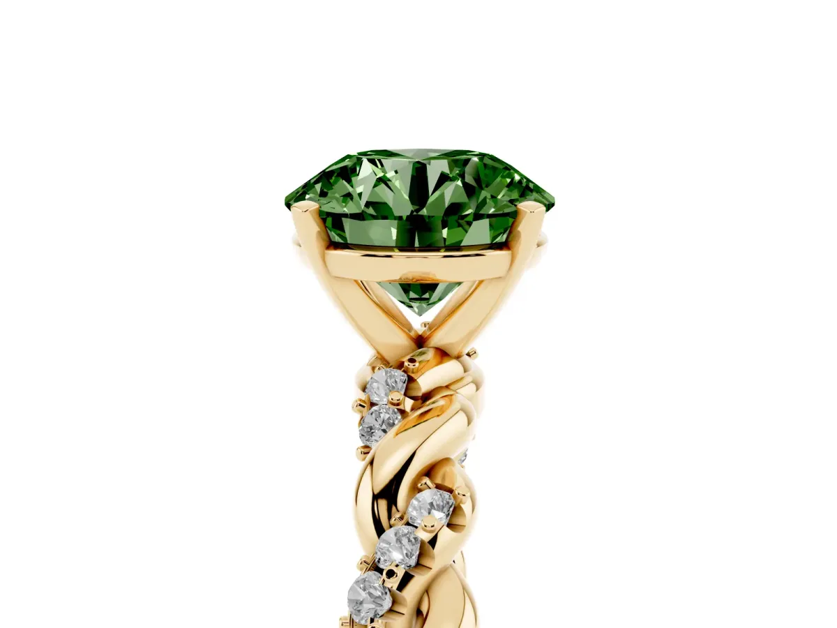 Fancy Green Round Cut Diamond Solitaire Ring with Twisted Band and Pavé Accents Yellow gold
