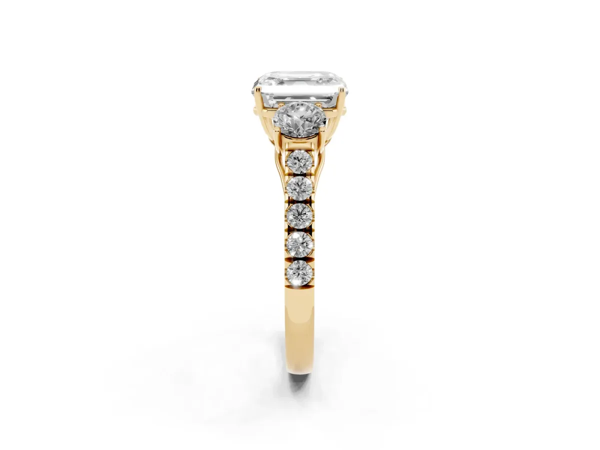Asscher Cut Cut Diamond Three-Stone Ring with Round Side Stones and Pavé Band Yellow gold
