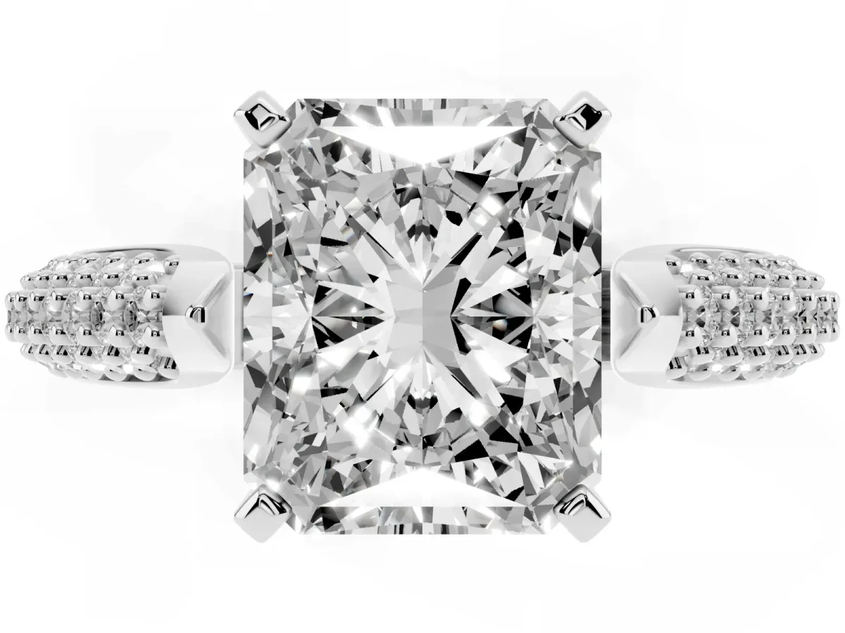 Radiant Cut Diamond Solitaire Engagement Ring with Multi-Row Round Pavé Band and Prong Setting Platinum