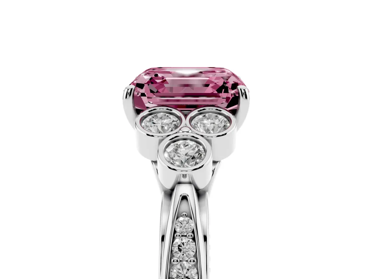 Fancy Pink Asscher Cut Cut Diamond Engagement Ring with Bezel Set Round Side Stones and Prong Setting White gold