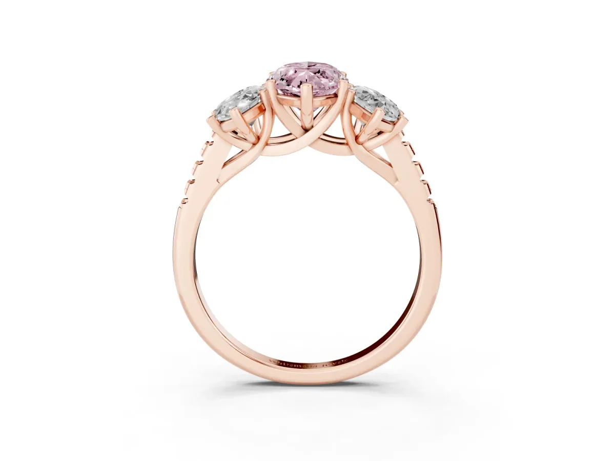 Fancy Pink Three-Stone Marquise Cut Diamond Ring with Round Pavé Band and Prong Setting Rose gold