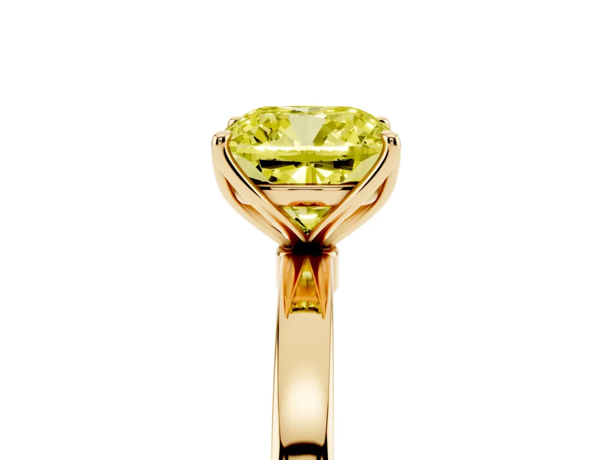 Fancy Yellow Cushion Cut Diamond Solitaire Ring with Thin Band and Prong Setting Yellow gold