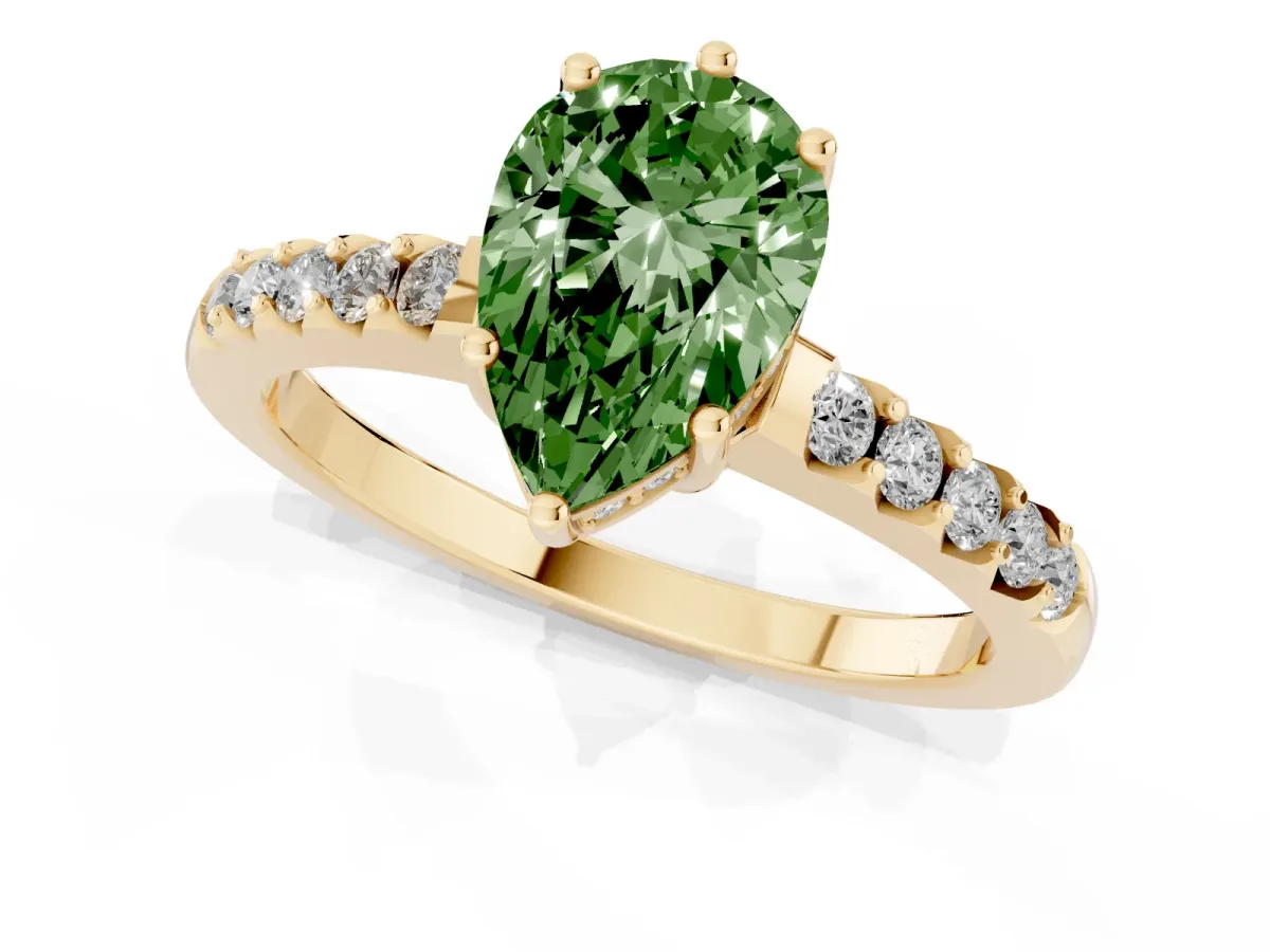 Fancy Green Pear Cut Solitaire Diamond Engagement Ring with Pavé Band and Six-Prong Setting Yellow gold