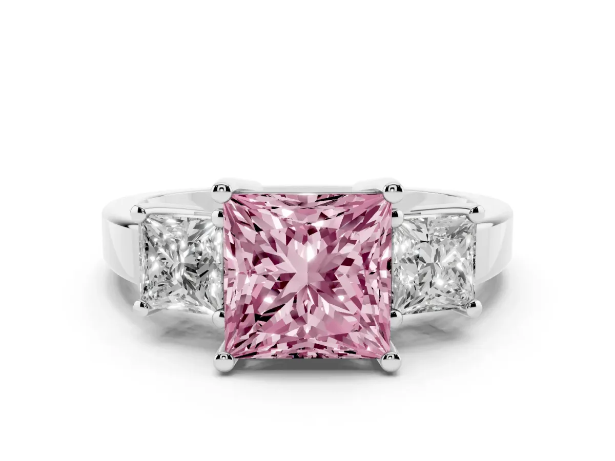 Fancy Pink Three-Stone Princess Cut Cut Solitaire Ring with Prong Setting Silver