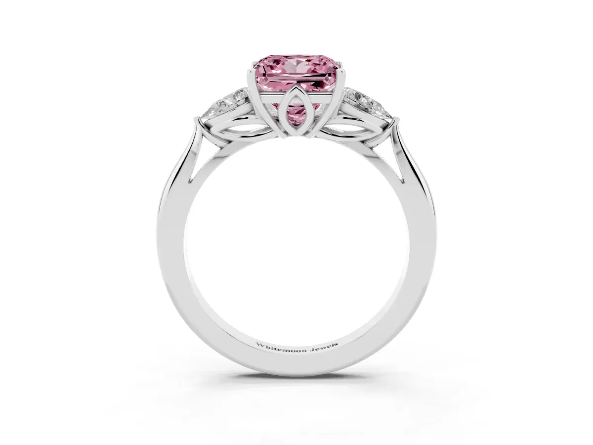 Fancy Pink Princess Cut Diamond Three-Stone Ring with Pear Side Stones and Prong Setting Silver