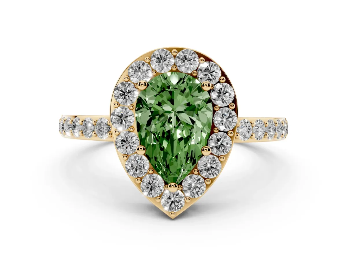 Fancy Green Pear Cut Halo Diamond Pavé Band Ring with Prong Setting Yellow gold