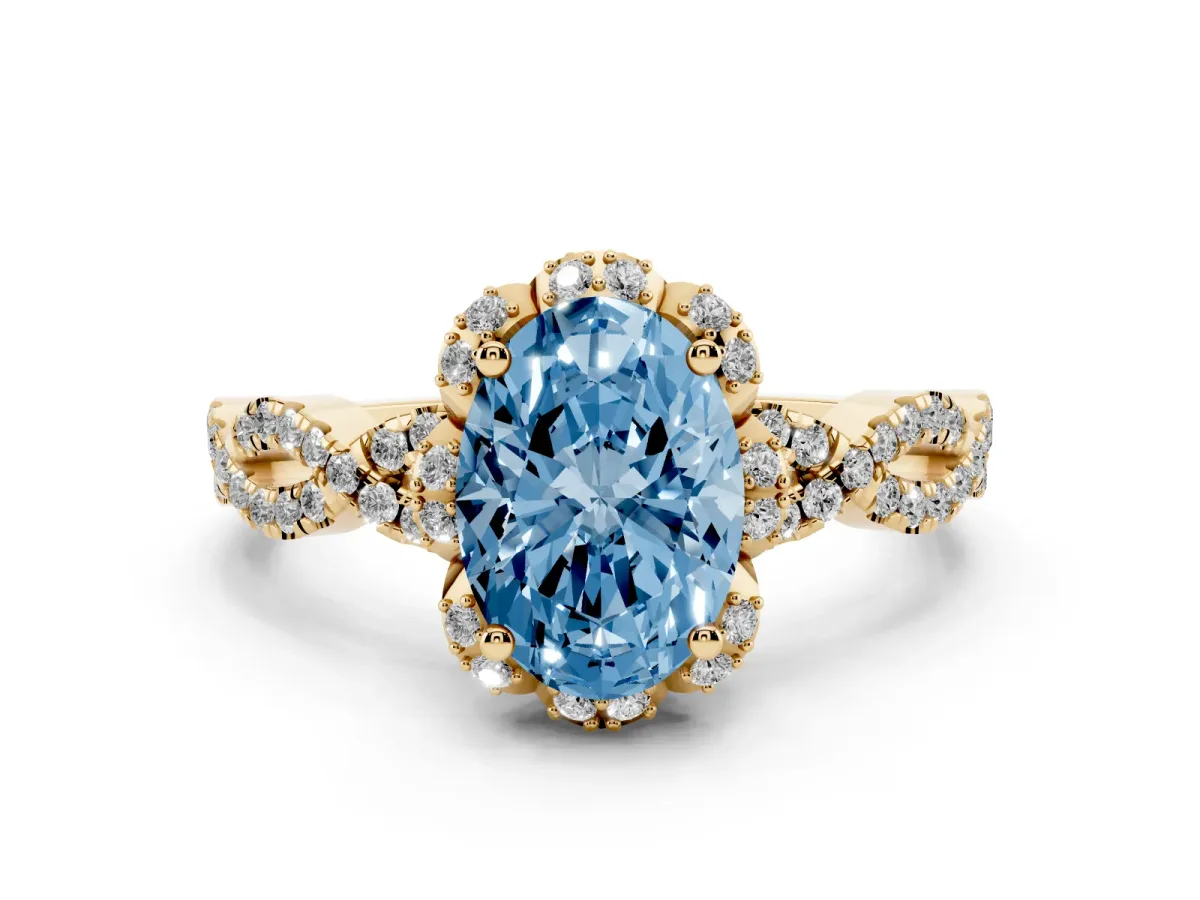 Fancy Blue Oval Cut Halo Twist Band Solitaire Ring with Six-Prong Setting Yellow gold