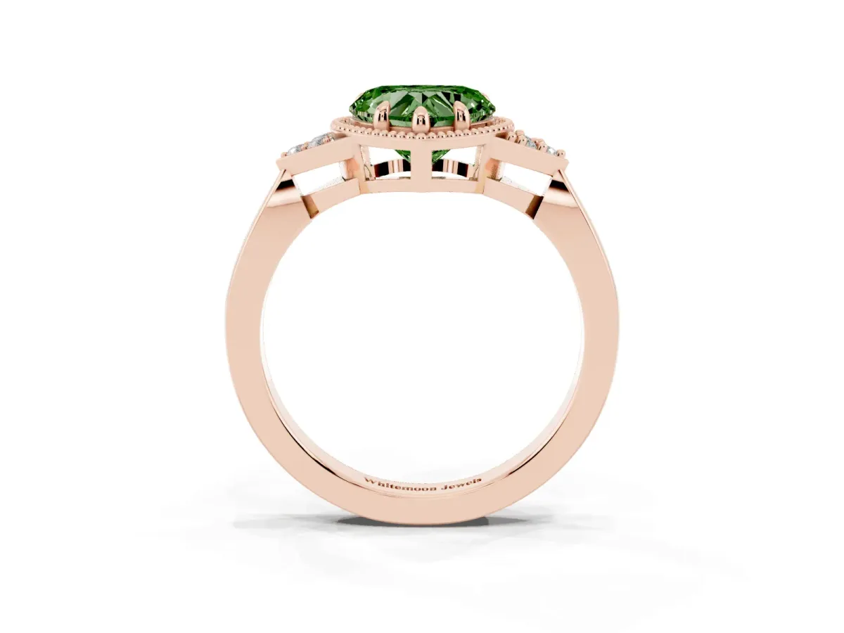 Fancy Green Heart Cut Diamond Halo Ring with Tapered Band and Four-Prong Setting Rose gold