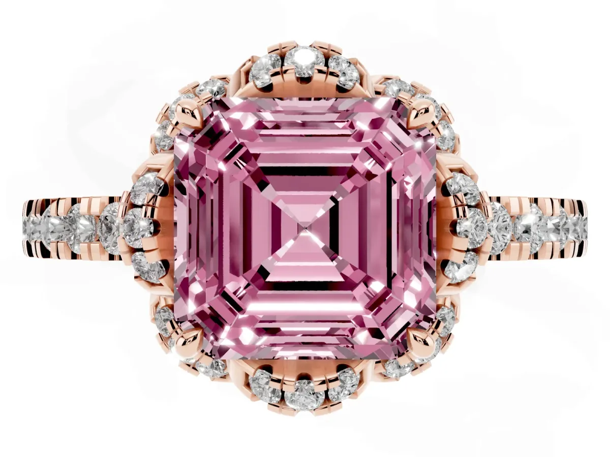 Fancy Pink Asscher Cut Diamond Halo Pave Band with Four-Prong Setting Rose gold