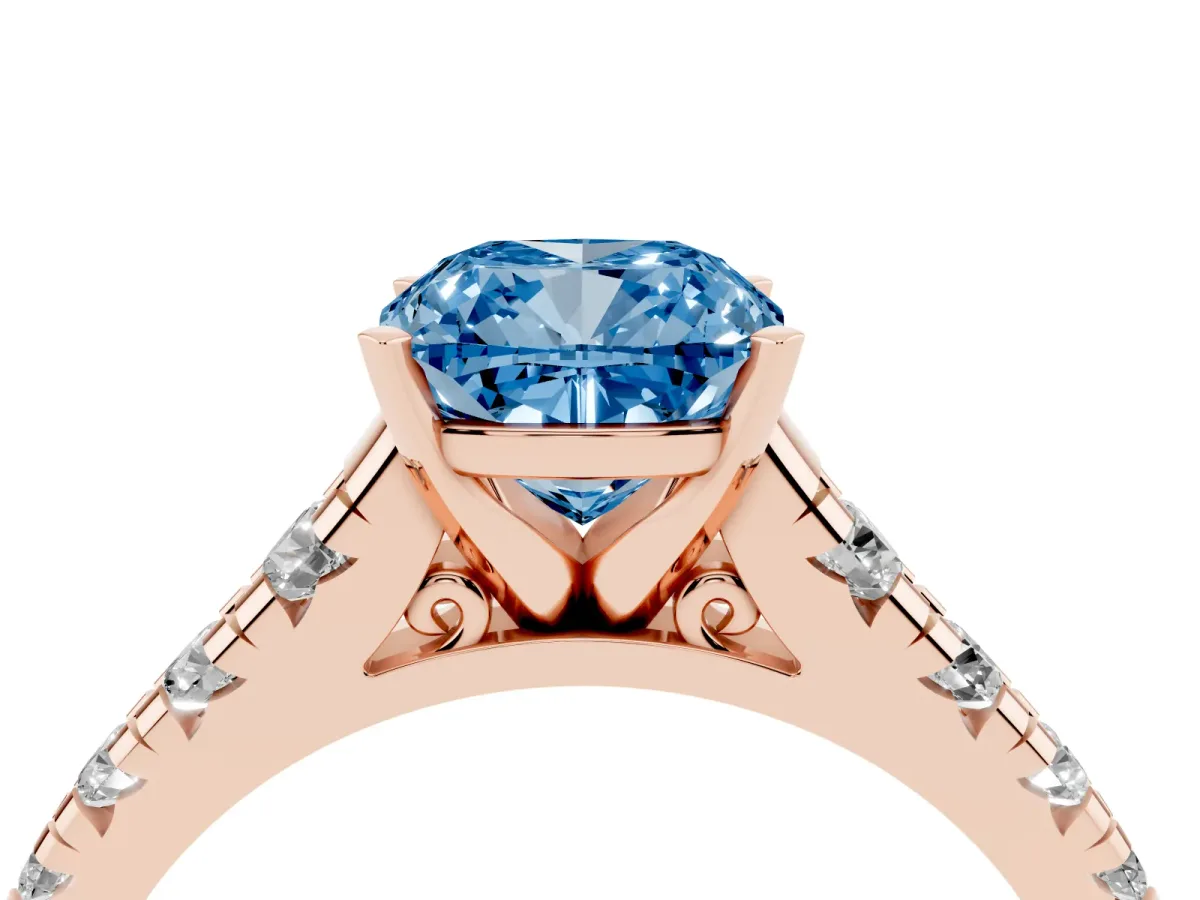 Fancy Blue Cushion Cut Diamond Cathedral Solitaire Ring with Round Pavé Band Rose gold