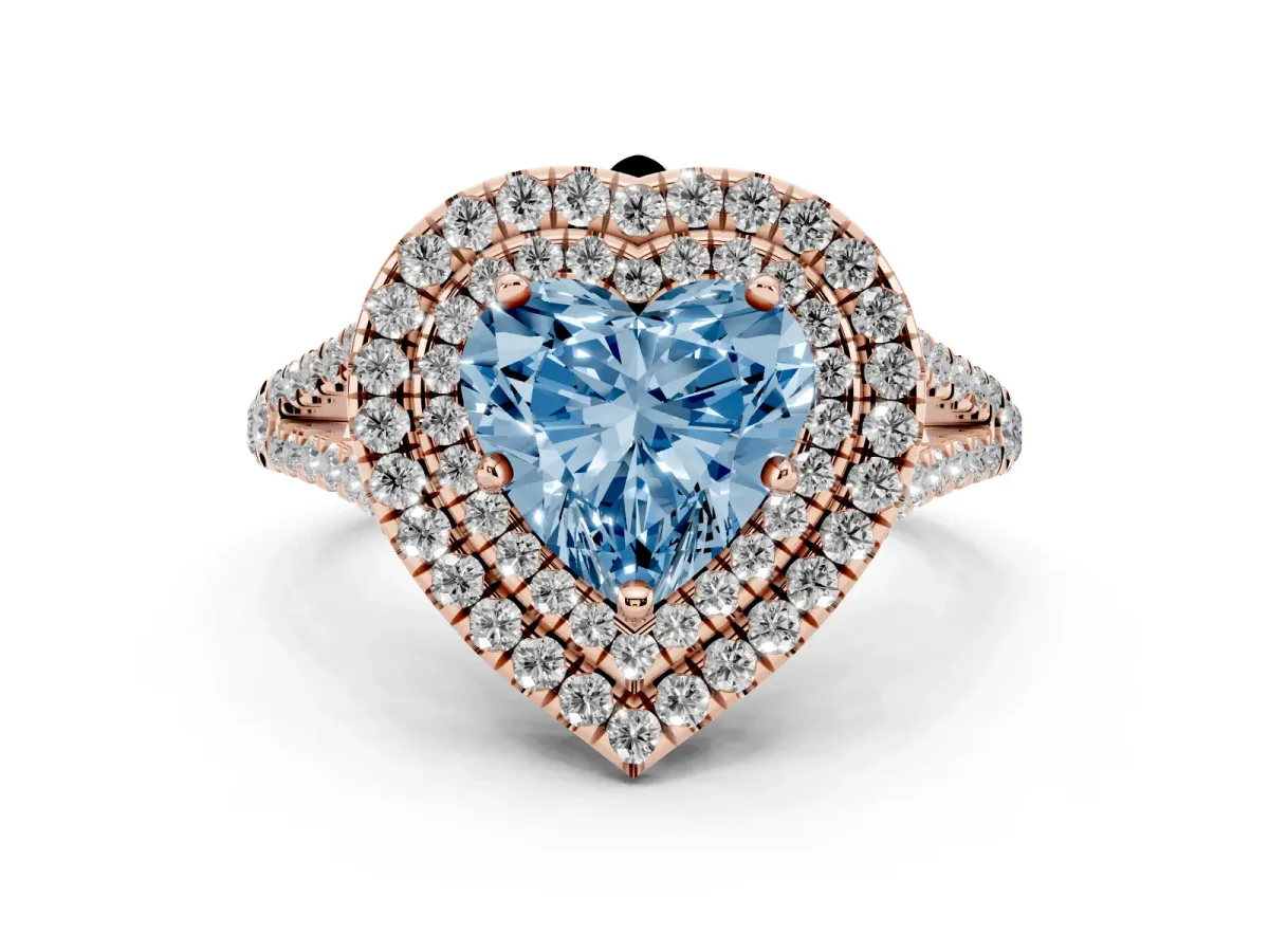 Fancy Blue Heart Cut Diamond Double Halo Ring with Pavé Band and Prong Setting Rose gold