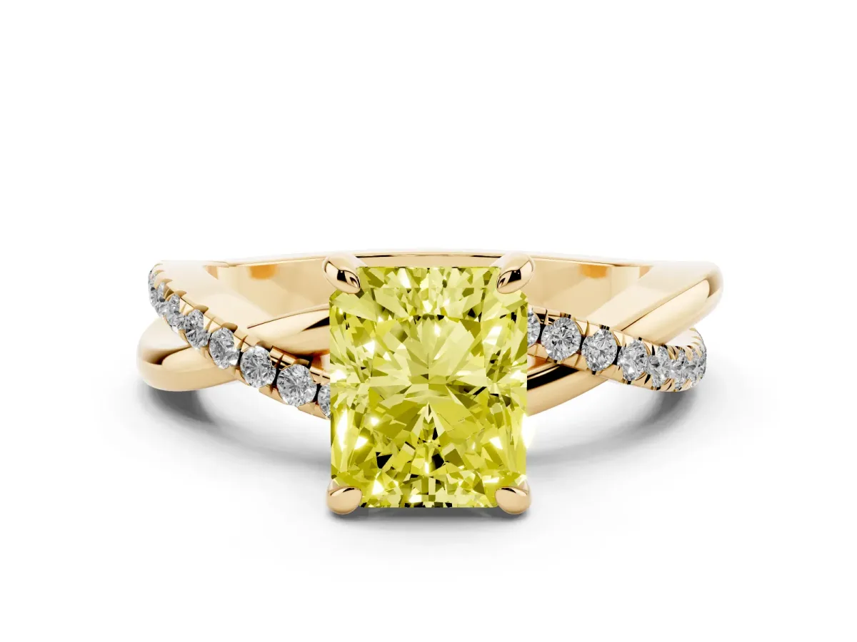 Fancy Yellow Radiant Cut Cut Diamond Twist Band Solitaire with Prong Setting Yellow gold