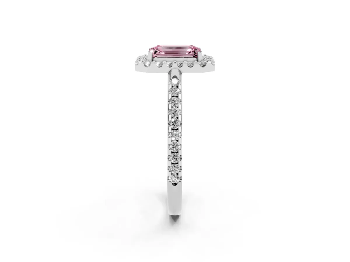 Fancy Pink Emerald Cut Diamond Pavé Halo Ring with Four-Prong Setting Silver