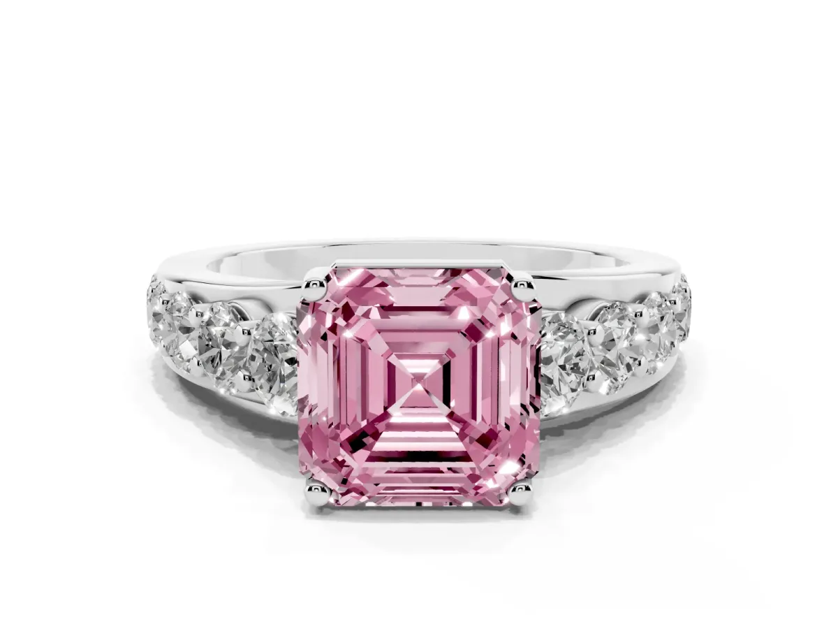 Fancy Pink Asscher Cut Diamond Engagement Ring with Pavé Band and Four-Prong Setting Silver