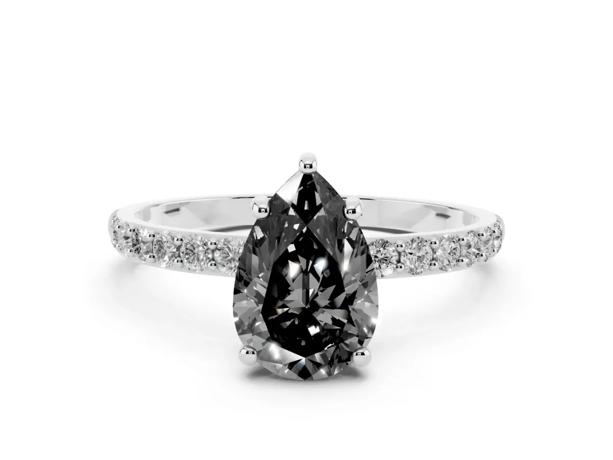 Fancy Black Pear Cut Diamond Solitaire Ring with Round Pavé Band and Prong Setting Platinum