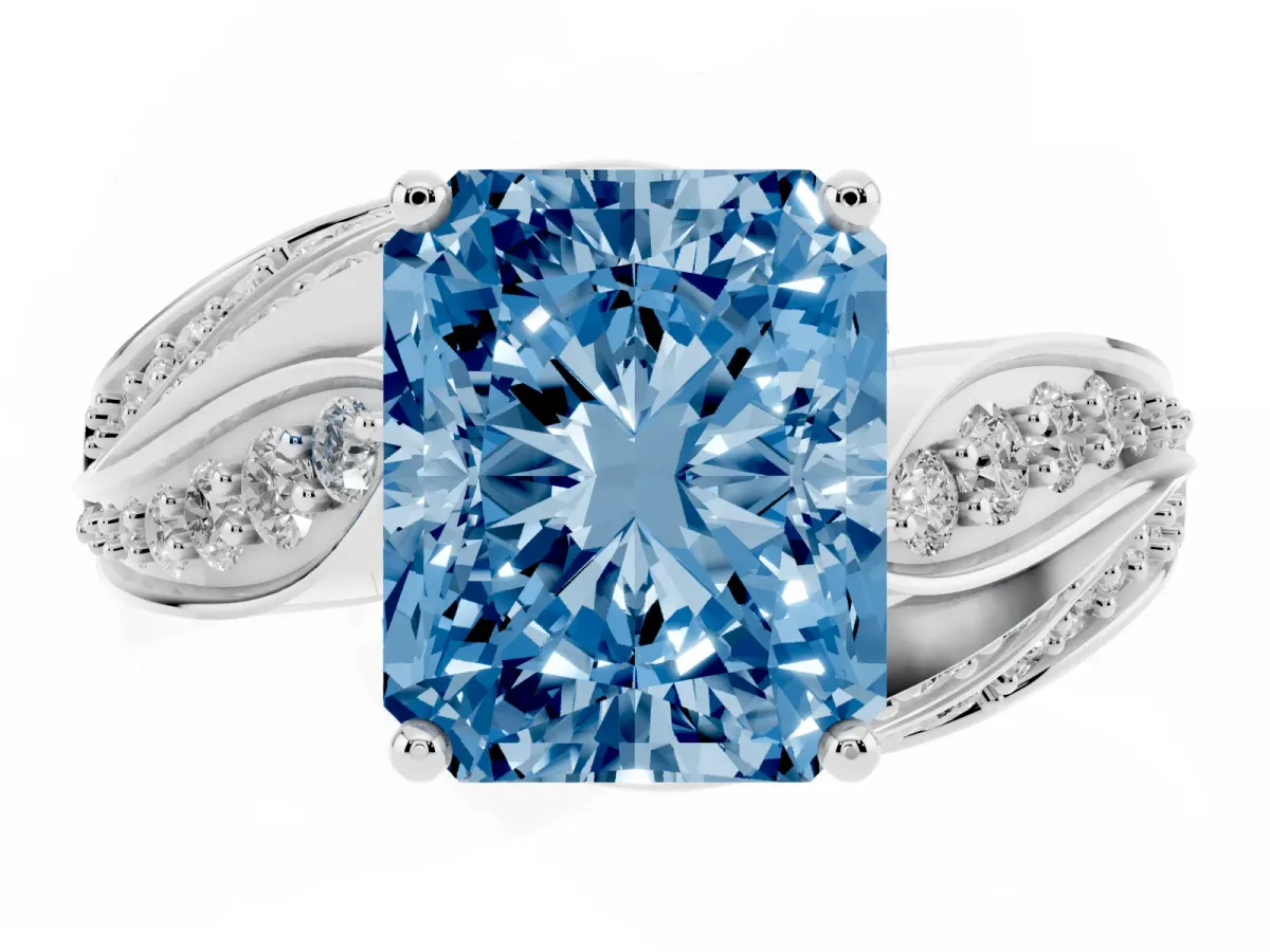 Fancy Blue Radiant Cut Diamond Solitaire Ring with Prong Setting and Twisted Pavé Band Silver