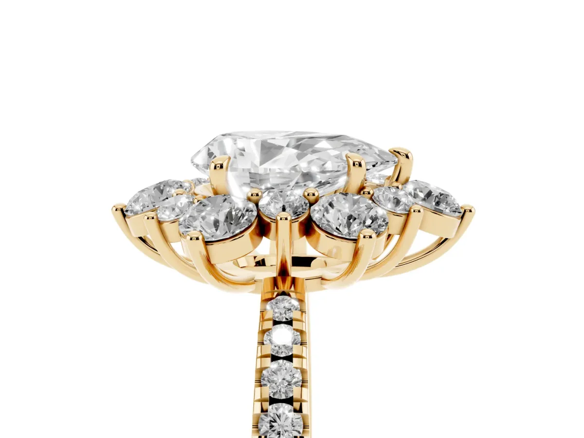 Pear Cut Diamond Floral Halo Ring with Round Pavé Band and Prong Setting Yellow gold