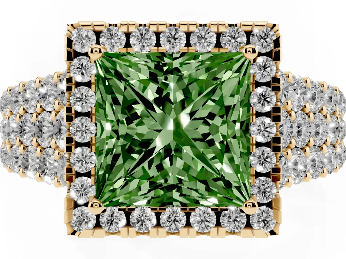 Fancy Green Princess Cut Diamond Halo Engagement Ring with Triple Row Round Pavé Band and Prong Setting Yellow gold
