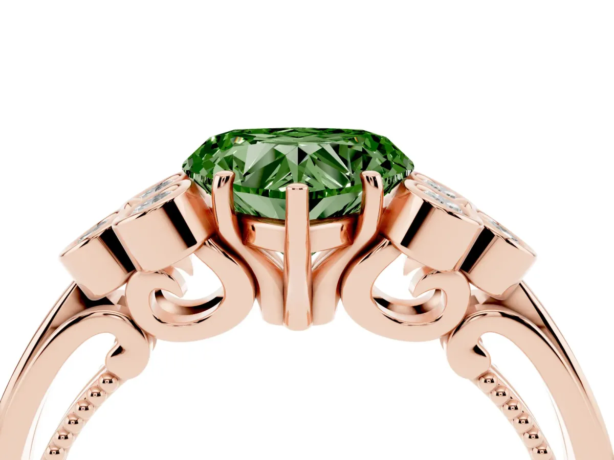 Fancy Green Heart Cut Cut Diamond Engagement Ring with Bezel Set Round Side Stones and Prong Setting Rose gold