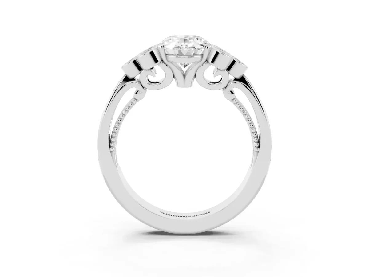 Oval Cut Cut Diamond Engagement Ring with Bezel Set Round Side Stones and Prong Setting Silver