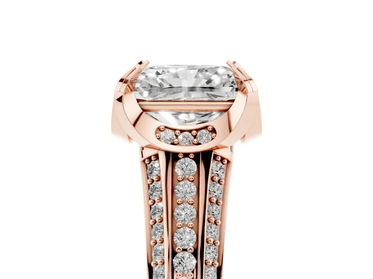 Radiant Cut Solitaire Pave Split Shank Ring with Four-Prong Setting Rose gold