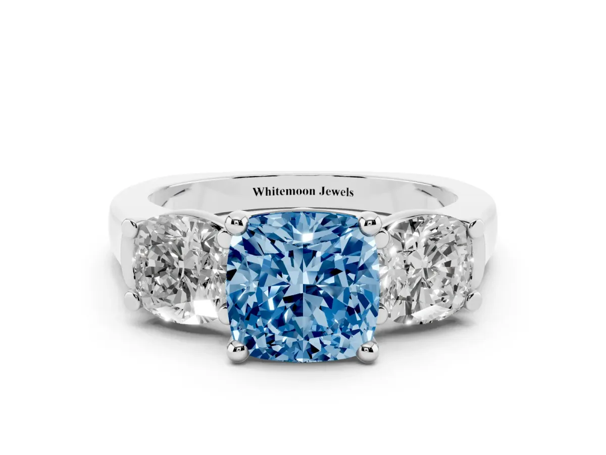 Fancy Blue Three-Stone Cushion Cut Brilliant Diamond Trellis Ring with Comfort Fit Band Platinum