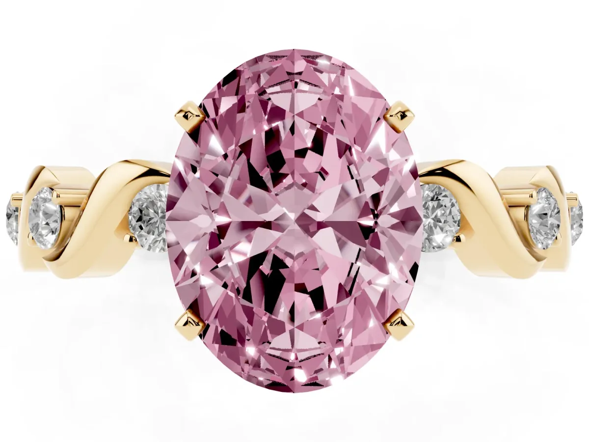 Fancy Pink Oval Cut Diamond Solitaire Twisted Band with Round Accents and Prong Setting Yellow gold