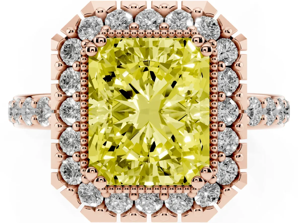 Fancy Yellow Radiant Cut Diamond Halo Ring with Pavé Band and Prong Setting Rose gold