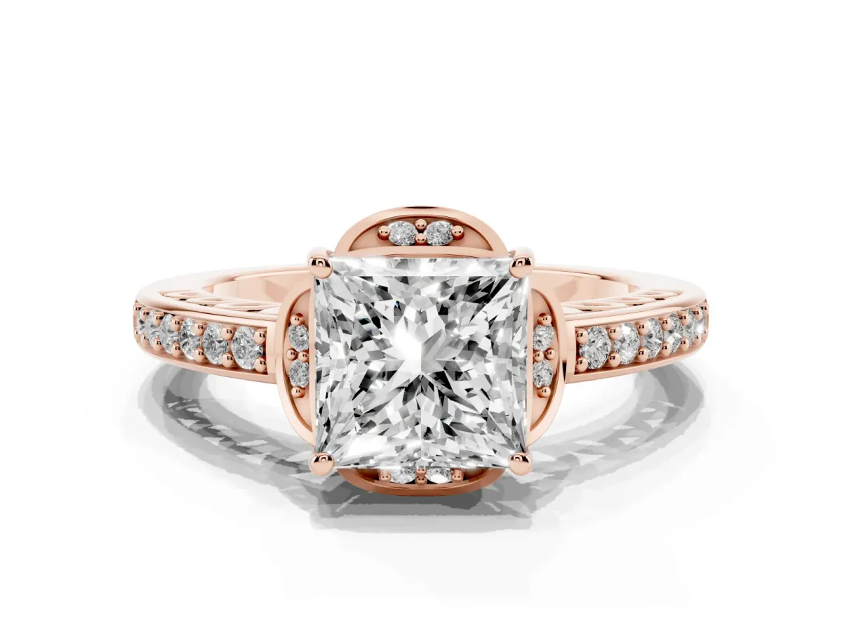 Princess Cut Cut Halo Diamond Ring with Channel Set Band and Four-Prong Setting Rose gold