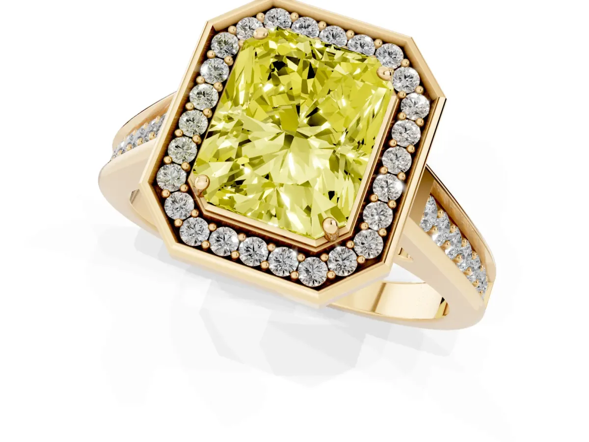 Fancy Yellow Radiant Cut Halo Solitaire Diamond Ring with Pave Band and Bezel Setting Yellow gold
