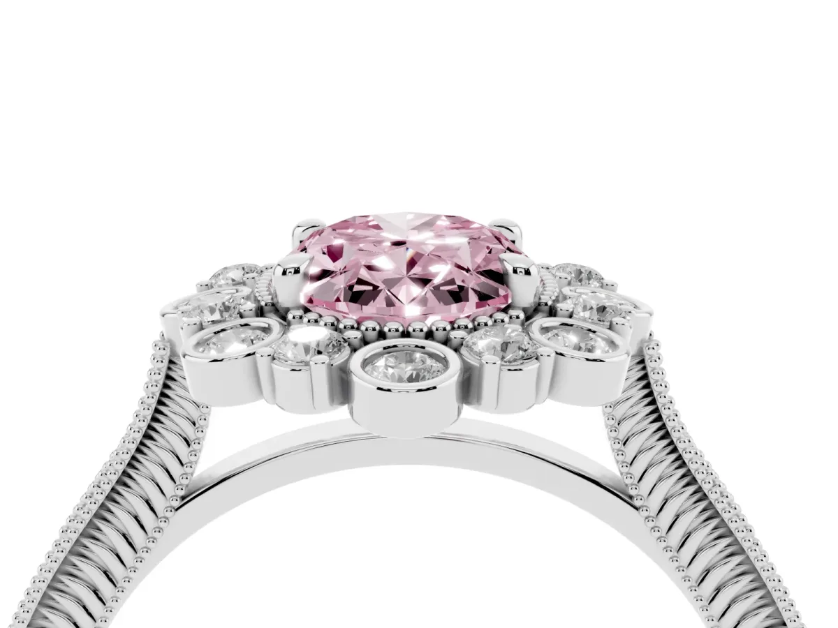 Fancy Pink Oval Cut Halo Milgrain Pave Diamond Ring with Four-Prong Setting Silver
