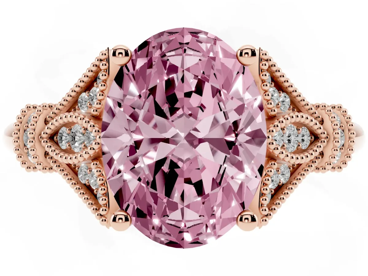 Fancy Pink Oval Cut Diamond Solitaire Ring with Floral Filigree and Pave Accents Rose gold