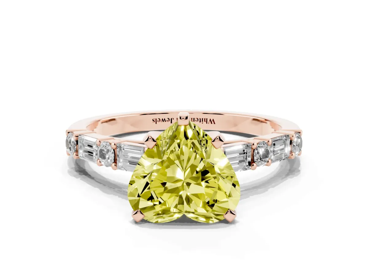 Fancy Yellow Heart Cut Diamond Solitaire with Side Baguettes and Channel Set Band Rose gold